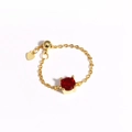 Detail of adjustable gold chain ring featuring a red gemstone and heart charm - Gold (Red Stone) (Gold 5)