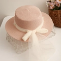 Pink boater straw hat with white lace ribbon and pearl accents for summer sun protection - M (56-58cm) / Pink