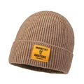 Winter knitted beanie in camel brown with a central square text patch - Khaki