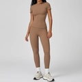 Slim fit brushed yoga set for women in mocha brown with crew neck and high waist leggings - S / Short Sleeve + Leggings / Mocha Brown