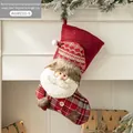 Classic red plaid Christmas stocking with 3D Santa Claus and wood buttons, 45cm tall - Red White-bearded Santa (AGWZ15-5)