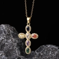 Golden cross necklace with six colorful zircon stones displayed on grey stone texture - Gold Six-color Gem Pavé Cross (款式16)
