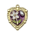 Heart-shaped enamel flower pendant in gold finish with purple Monet garden style detail - Purple Heart White Flower Leaf-22085