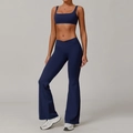 Ensemble de yoga bleu marine avec brassière à col en U et pantalon évasé à taille en V - S / Haut Et Bas / Pantalon Long / Bleu marine