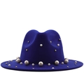 Cappello fedora in lana blu reale da donna con eleganti perle e borchie dorate - M(56-58cm) / Blu Reale