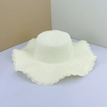 DIY wide brim straw sun hat in cream white with elegant wavy scalloped edge detail - Creamy White
