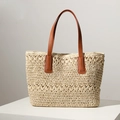 Bolso tote de paja tejida beige con asas marrones, estilo playero de gran capacidad - Beige