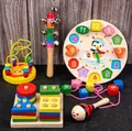 28-piece wooden educational toy set featuring lion bead maze and colorful geometry stacker - 5-Piece Set (Shape Sorter + Maraca + Bead Maze + Hand Bell + Clock)