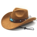 Brown faux suede western cowboy hat with turquoise leather band and wind string - M (56-58cm) / Khaki