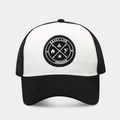 Close-up of breathable mesh back and embroidered Enjoy Life patch on a trucker hat - Adjustable / White + Black Brim