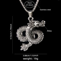 Pendentif dragon argenté en acier inoxydable avec dimensions détaillées et chaîne de 70cm - Chaîne en acier inoxydable + pendentif en alliage / Argenté
