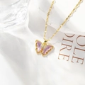 Exquisite gold-plated butterfly pendant necklace featuring pink crystal wings and rhinestones - Crystal Purple