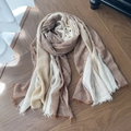 Japanese style beige and brown striped cotton linen scarf with elegant fringe trim - Caramel
