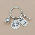 Detailed silver fitness keychain featuring mini kettlebell, dumbbell and barbell plate charms - 4# YOU vs YOU