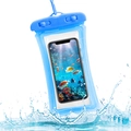 Blue waterproof phone case with secure locks showing underwater screen in splashing water - Air Cushion Style / Blue