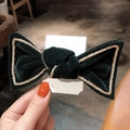Dark green velvet bow hair clip with elegant gold braided trim on white card - Dark Green Velvet Clip with Gold Trim