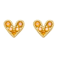 Mini gold heart stud earrings with orange zircon stones and beaded edge detail - Orange