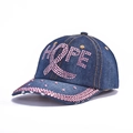 Dark blue denim baseball cap with pink rhinestone HOPE letters and ribbon design - 43-HOPE Pink Rhinestone-Dark Blue