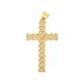 Detail of gold cross pendant featuring micro-set heart patterns with zircon stones - D165B