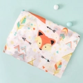 Double-layer muslin baby swaddle blanket with fox and feather prints on white fabric - Arrow Fox