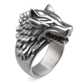 Vintage silver wolf head ring for men with detailed Nordic style textured engravings - US 7 / Antique Silver (Steel Polished)