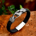 Men's vintage Viking engraved silver buckle bracelet with black braided leather strap - 18cm / Soft Leather Rope