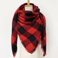 Oversized buffalo check scarf in red and black plaid with fringe on white mannequin - 140x140cm / 36# Red Black