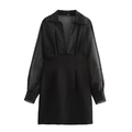 Elegante zwarte mini-jurk met V-hals en organza mouwen in een nauwsluitende pasvorm - XS / Zwart