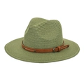 Detail of green straw fedora hat with a brown faux leather belt and metallic buckle - M (56-58cm) / Army Green