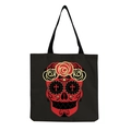 Close-up of black canvas tote bag with vibrant Mexican Dia de los Muertos skull print - Mexican Day of the Dead Red/Gold Sugar Skull (hm6647)
