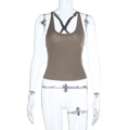 Detailed view of khaki ribbed knit halter top with cross-back design and slim fit cut - XS / Khaki