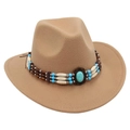 Detail of western fedora hat featuring a turquoise stone and bohemian beaded band - One Size / Camel Cowboy (Bead Band)