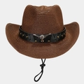 Detailed close-up of brown straw cowboy hat with metallic bull head and leather band - Dark Brown
