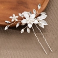 Silver bridal hair pin featuring handmade pearls and sparkling rhinestones flowers - HS-J6994S Single Silver Metal Flower Pearl Hair Pin