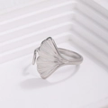 Minimalist stainless steel ginkgo leaf open ring with detailed 3D metallic texture - Ginkgo Leaf (JR046-S7)