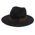 Chapeau de paille noir classique avec un ruban chic en strass vert-rouge-vert - Noir
