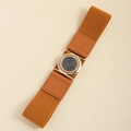 Detail of a brown elastic waist belt featuring a gold round buckle with rhinestones - Camel / 85cm