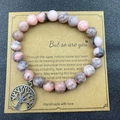Pink zebra stone bead bracelet with silver tree of life charm on inspiration card - Pink Zebra Tree Of Life With Card