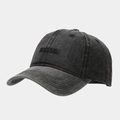 Close-up of HELLO embroidery on washed charcoal denim cotton baseball cap with retro texture - Adjustable / Black
