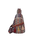 Bohemian sling bag with colorful geometric woven patterns and long tassel detail - Burgundy