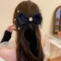 Elegant black satin and mesh bow hair claw with central crystal and rhinestones - Black Pearl Bow Spring Clip (25#)
