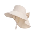 Beige wide brim sun hat for women with bow detail and adjustable chin strap - Oatmeal