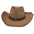 Detail of a brown straw cowboy hat featuring a leather band with metal studs and cross-stitch - One Size Straw Hat (Gradient) / Camel (With Wind Rope)