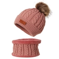 Winter knit hat and scarf set for kids in dusty pink with faux fur pom and fleece lining - Set / Dusty Pink