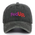 Detail of the high-density FedUp embroidery on this washed retro denim baseball cap - Army Green