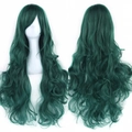 Dark green long wavy cosplay wig with side-parted bangs and high-volume curls - Dark Green
