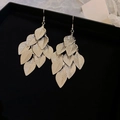 Detailed view of silver multi-layered leaf tassel earrings on elegant black gift packaging - Silver