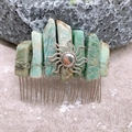 Detail of bohemian crystal hair comb with turquoise raw stones and sun pendant detail - Amazonite Silver Wire Silver Sun