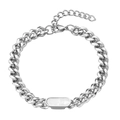 Macro shot of silver Cuban link chain with oval white shell inlay and lobster clasp detail - White Shell Cuban Bracelet 18+4CM