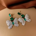 Vintage silver earrings featuring green gemstones and diamond-set butterfly pendant - 8# Stud Earrings-Silver-Green Rhinestone Butterfly